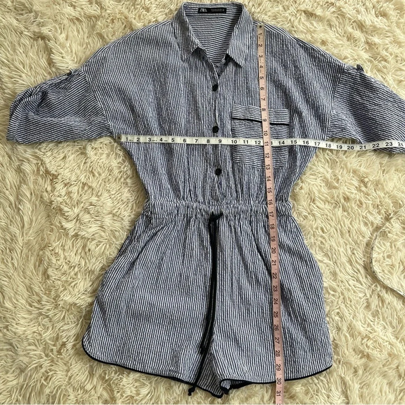 Zara Blue/White Striped Seersucker Button down playsuit Romper drawstrings Sz S - Picture 10 of 12